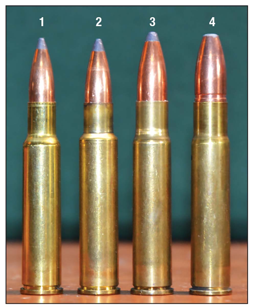 During the 1970s, J.D. Jones of SSK Industries created six wildcats on the 444 Marlin case for the Thompson/Center handgun. Layne has barrels chambered for these four: (1) 309 JDJ, (2) 8mm JDJ, (3) 358 JDJ and (4) 375 JDJ. Not shown are the 338 JDJ and the 416 JDJ.